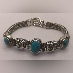 Vintage Marked 925 Bezel Set Stones Byzantine Turquoise Bracelet Toggle Clasp